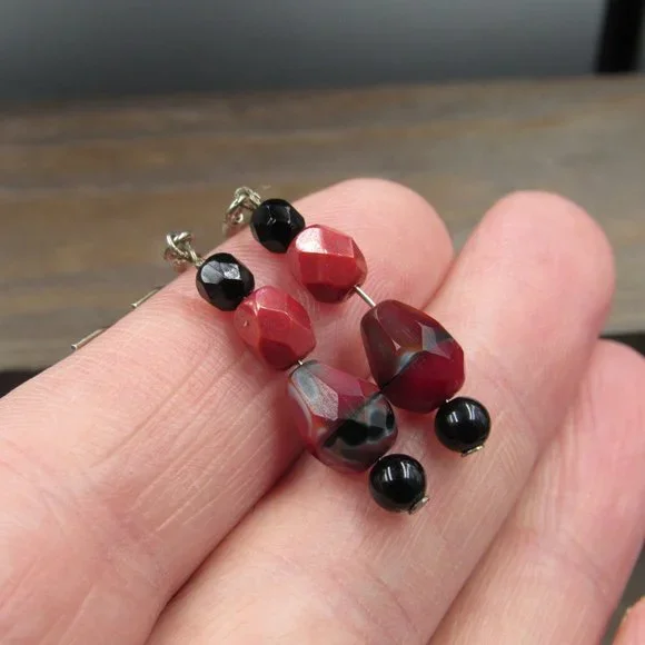 Sterling Silver Red Black Faceted Stone Dangle Earrings Vintage - Picture 2 of 5